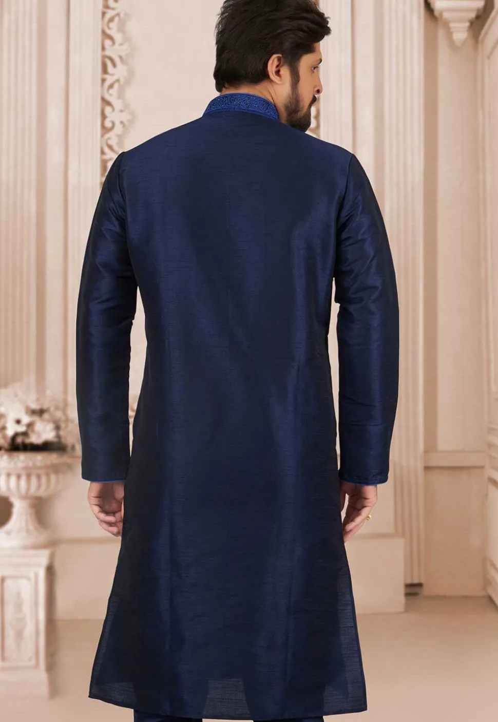 Embroidered Dupion Silk Kurta Set in Navy Blue