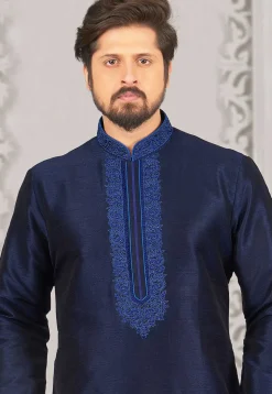 Embroidered Dupion Silk Kurta Set in Navy Blue