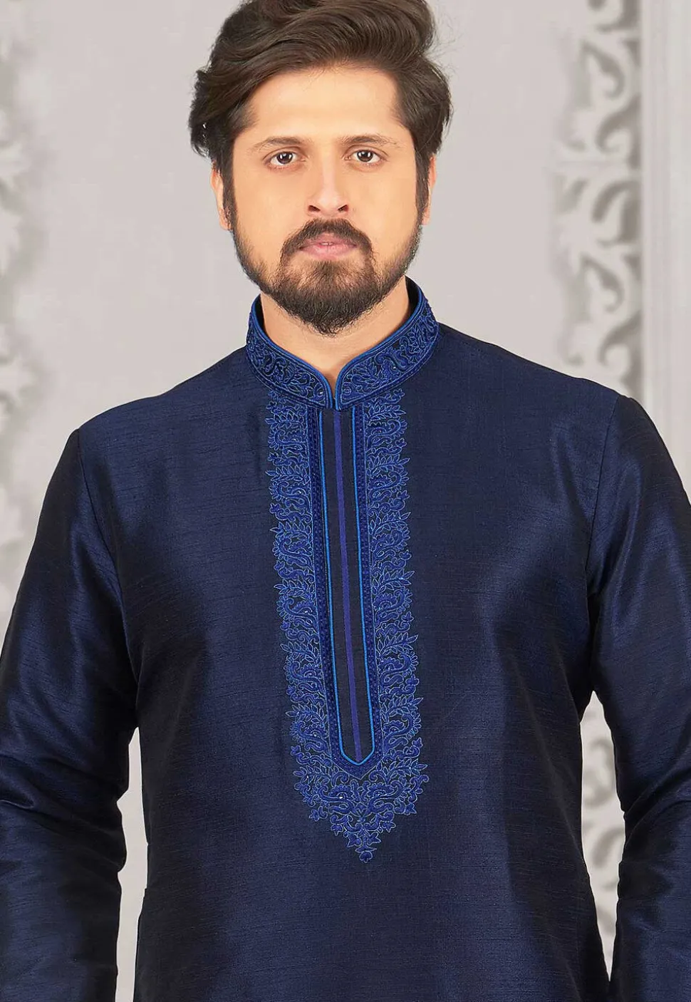 Embroidered Dupion Silk Kurta Set in Navy Blue