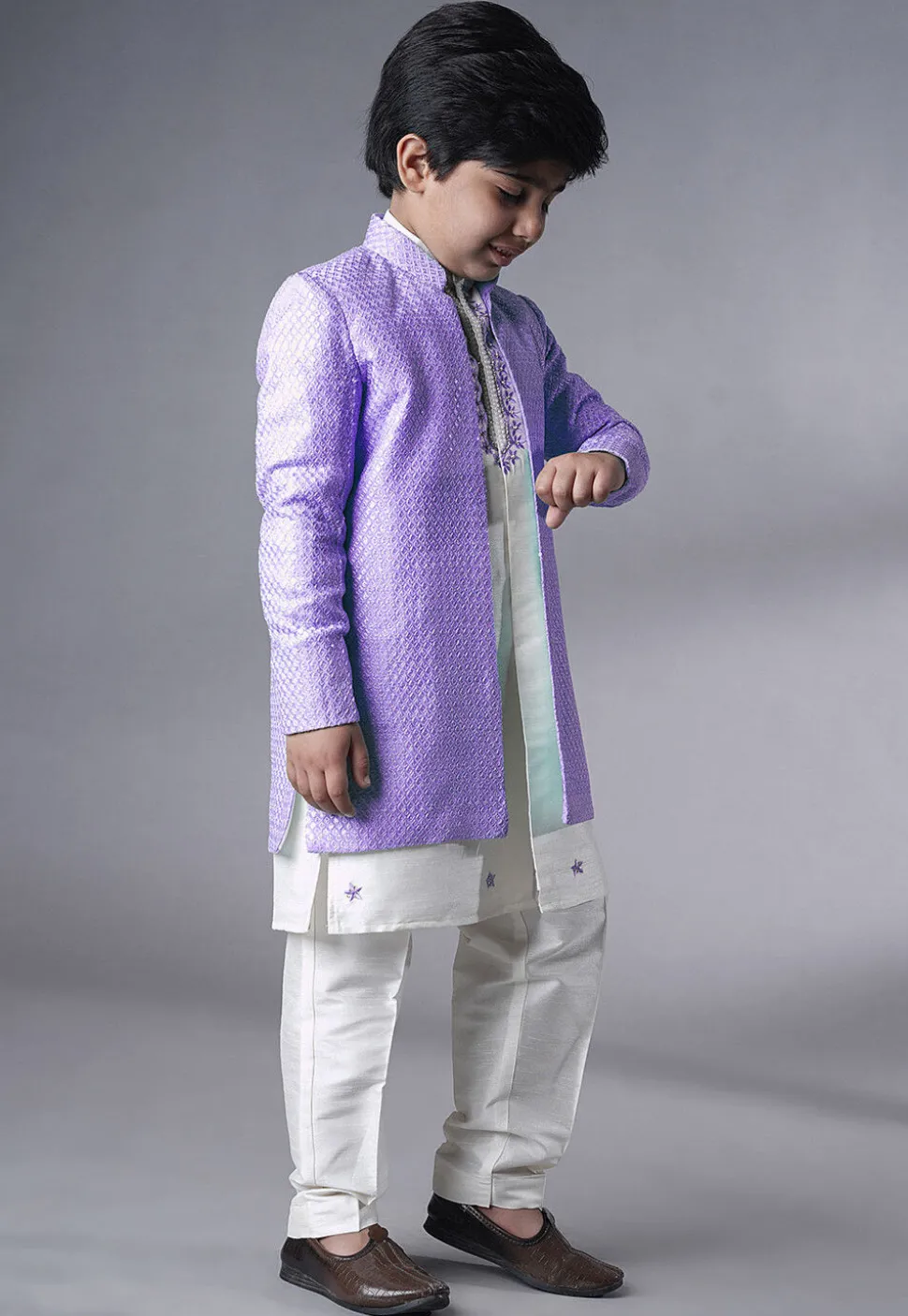 Embroidered Dupion Silk Kurta Set in Off White and Light Purple