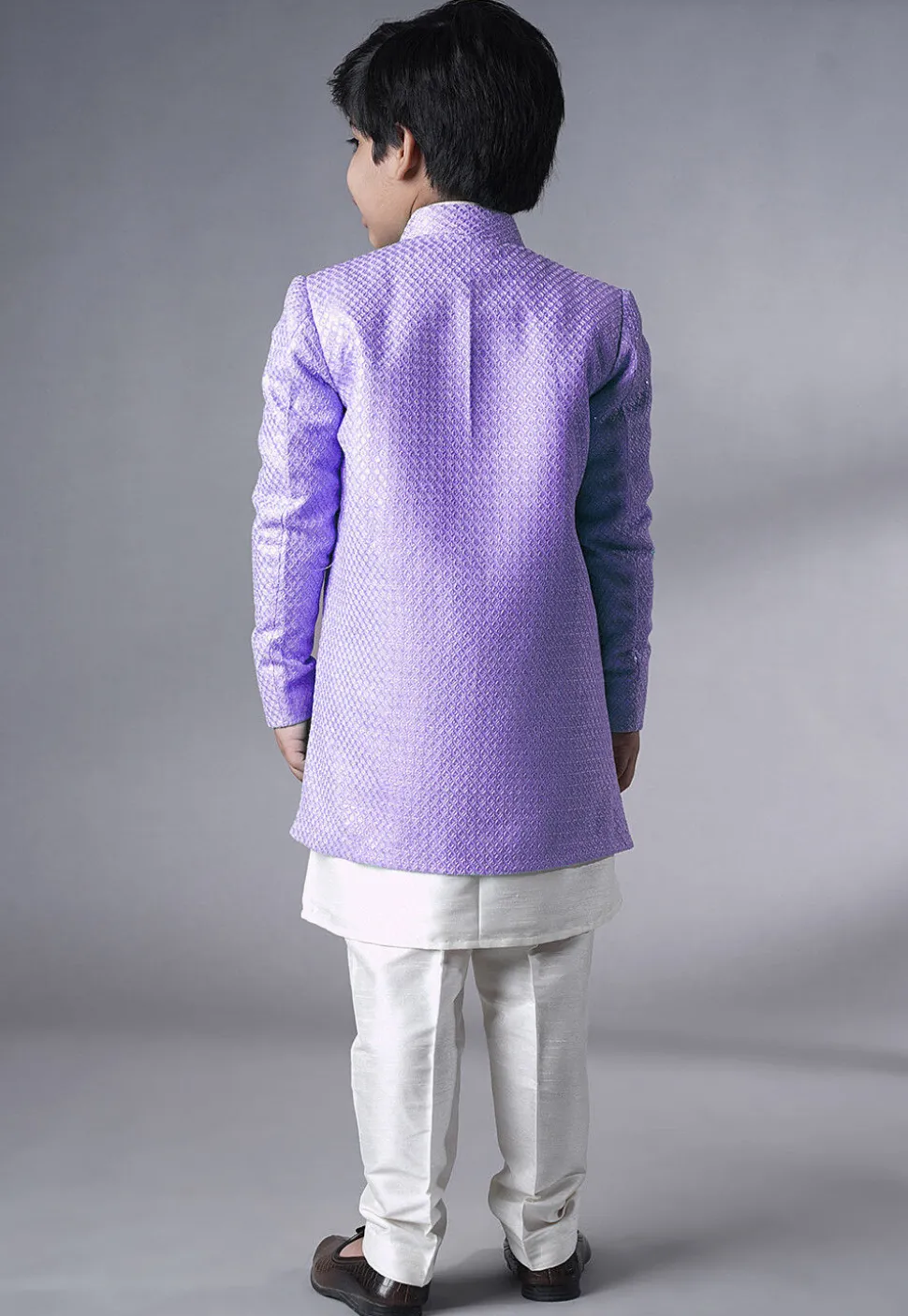 Embroidered Dupion Silk Kurta Set in Off White and Light Purple