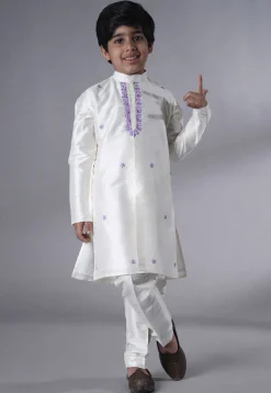 Embroidered Dupion Silk Kurta Set in Off White and Light Purple