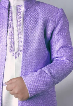 Embroidered Dupion Silk Kurta Set in Off White and Light Purple