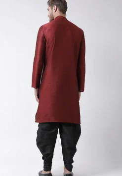 Embroidered Dupion Silk Kurta Set in Maroon