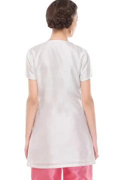 Embroidered Dupion Silk Kurti in Off White
