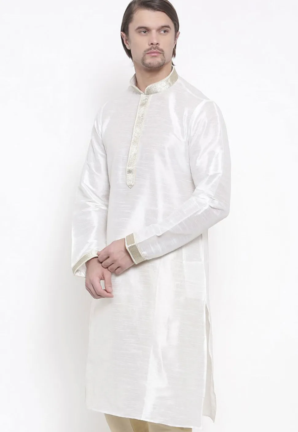 Embroidered Dupion Silk Kurta in White