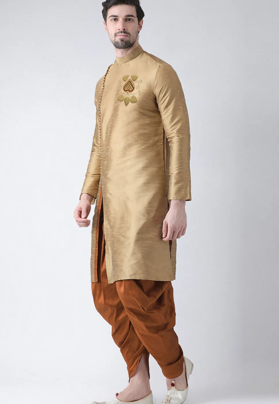 Embroidered Dupion Silk Kurta Set in Beige