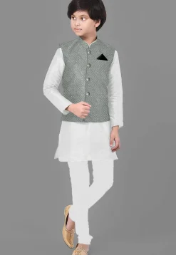 Embroidered Dupion Silk Kurta Set in Off White and Grey