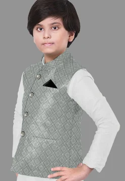 Embroidered Dupion Silk Kurta Set in Off White and Grey