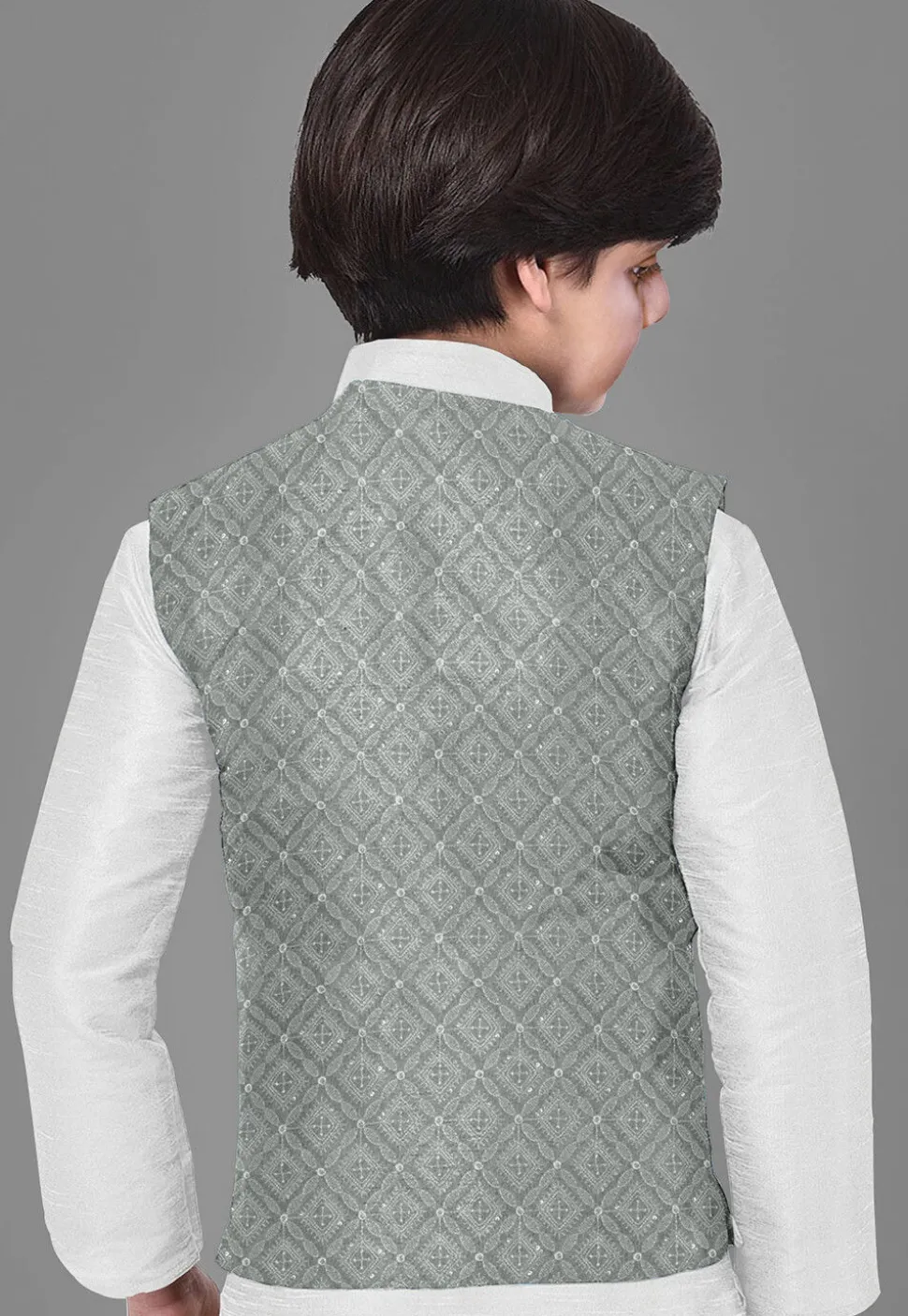Embroidered Dupion Silk Kurta Set in Off White and Grey