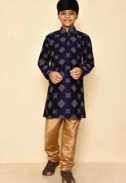 Embroidered Dupion Silk Kurta Set in Navy Blue