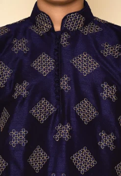 Embroidered Dupion Silk Kurta Set in Navy Blue