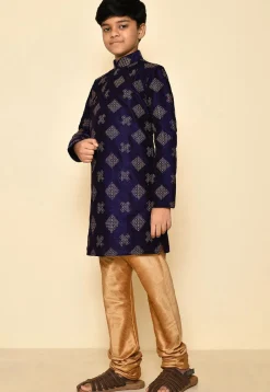 Embroidered Dupion Silk Kurta Set in Navy Blue