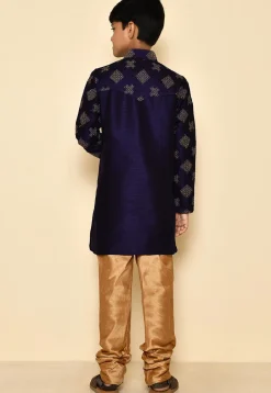 Embroidered Dupion Silk Kurta Set in Navy Blue