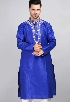 Embroidered Dupion Silk Kurta in Royal Blue