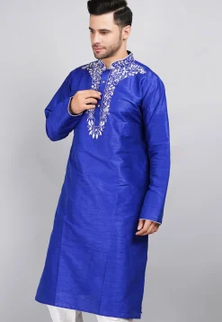 Embroidered Dupion Silk Kurta in Royal Blue
