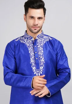 Embroidered Dupion Silk Kurta in Royal Blue