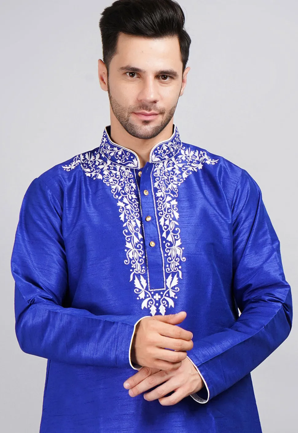 Embroidered Dupion Silk Kurta in Royal Blue