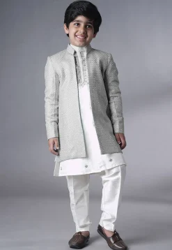 Embroidered Dupion Silk Kurta Set in Off White and Grey
