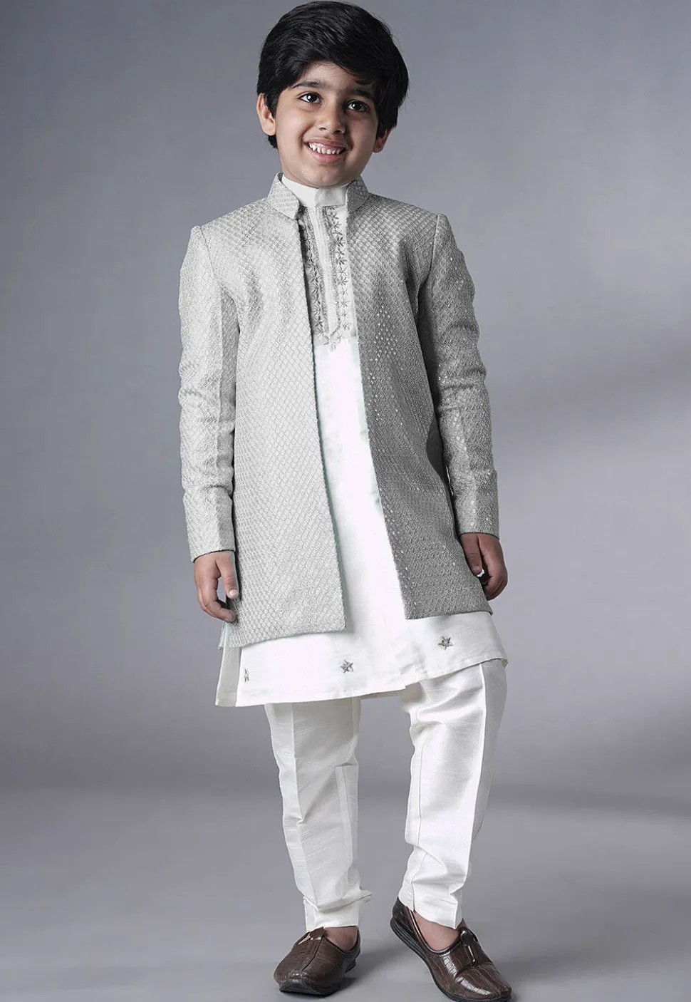 Embroidered Dupion Silk Kurta Set in Off White and Grey