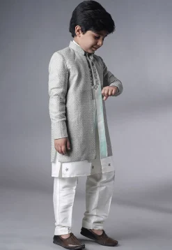 Embroidered Dupion Silk Kurta Set in Off White and Grey