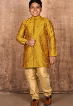 Embroidered Dupion Silk Kurta Set in Mustard