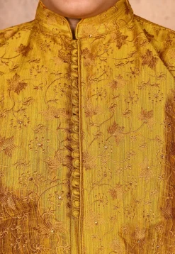 Embroidered Dupion Silk Kurta Set in Mustard