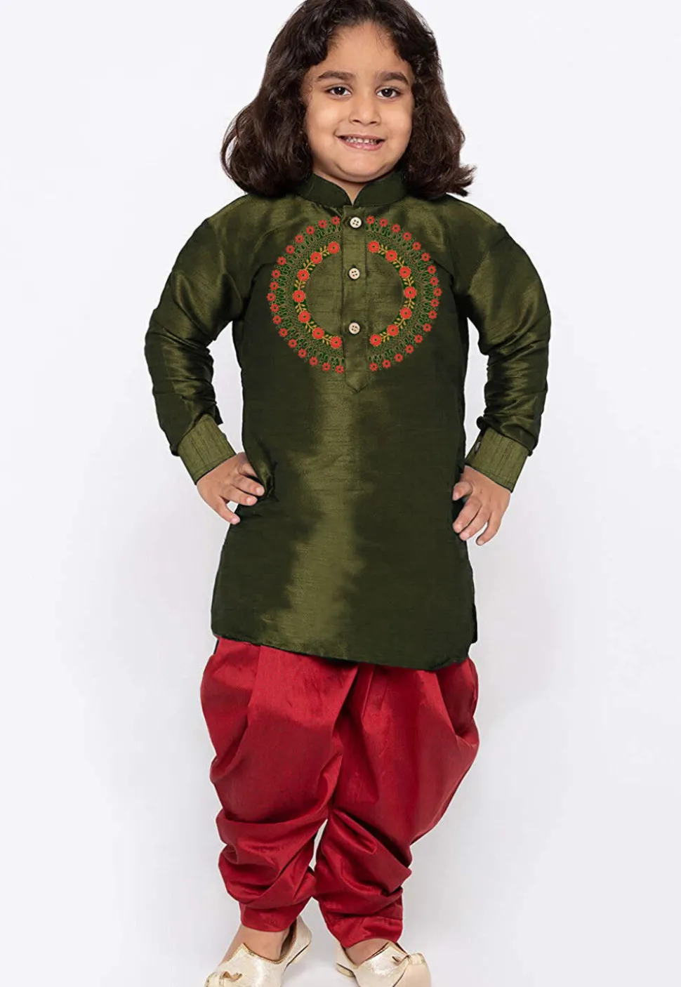 Embroidered Dupion Silk Kurta Set in Olive Green