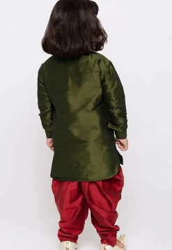 Embroidered Dupion Silk Kurta Set in Olive Green
