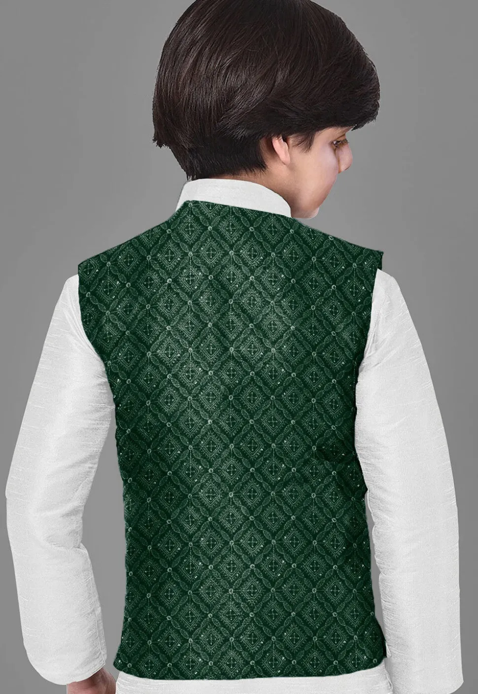 Embroidered Dupion Silk Kurta Set in Off White and Dark Green