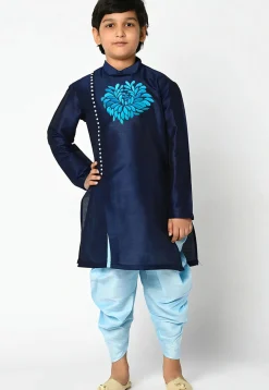 Embroidered Dupion Silk Kurta Set in Navy Blue
