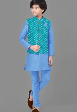 Embroidered Dupion Silk Kurta Set in Light Blue