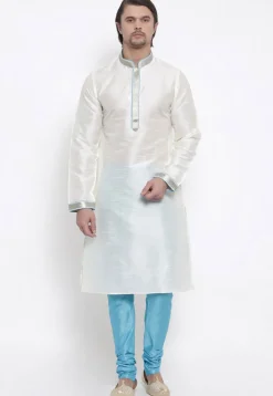 Embroidered Dupion Silk Kurta Set in White