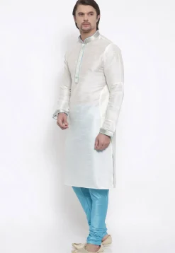 Embroidered Dupion Silk Kurta Set in White
