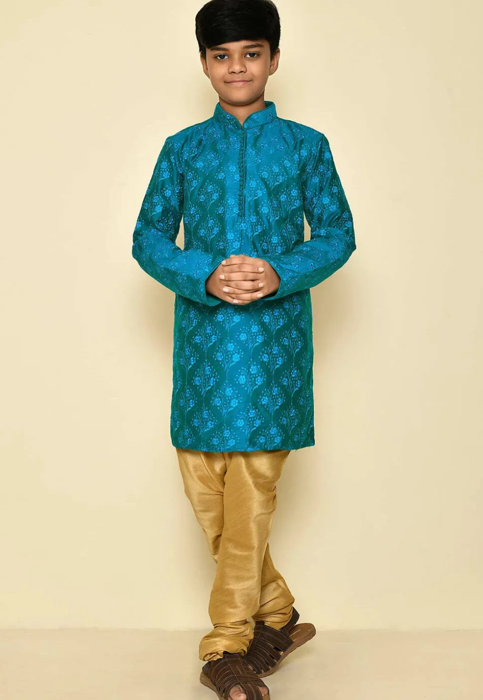 Embroidered Dupion Silk Kurta Set in Teal Blue