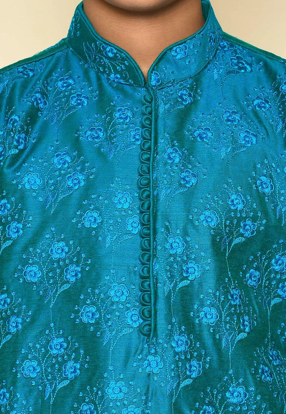 Embroidered Dupion Silk Kurta Set in Teal Blue