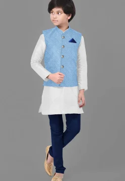 Embroidered Dupion Silk Kurta Set in Off White