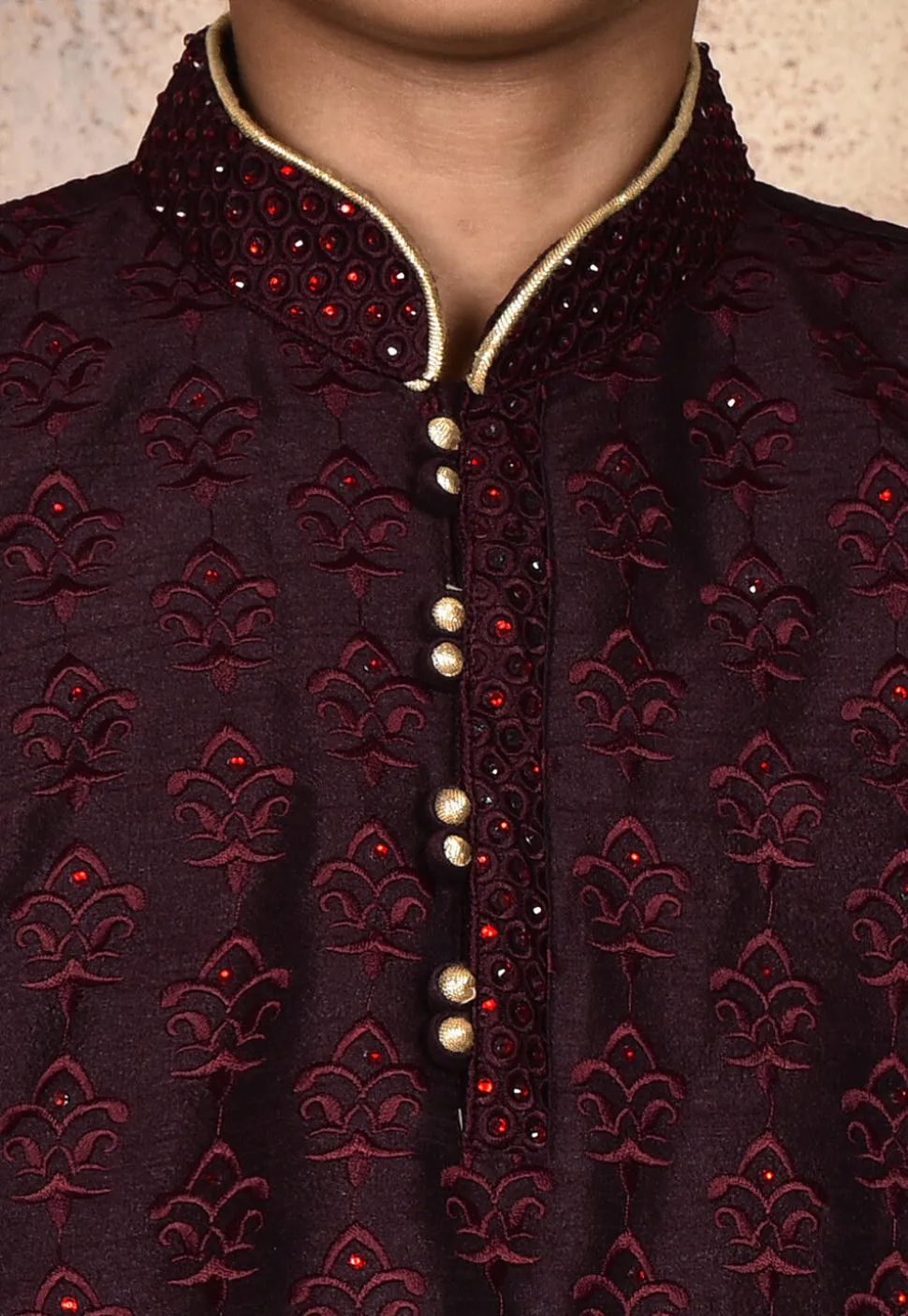 Embroidered Dupion Silk Kurta Set in Wine