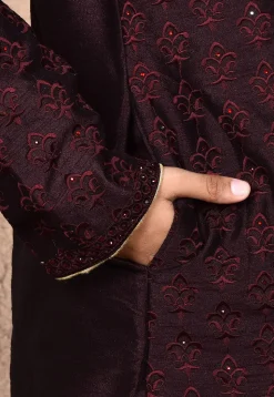 Embroidered Dupion Silk Kurta Set in Wine