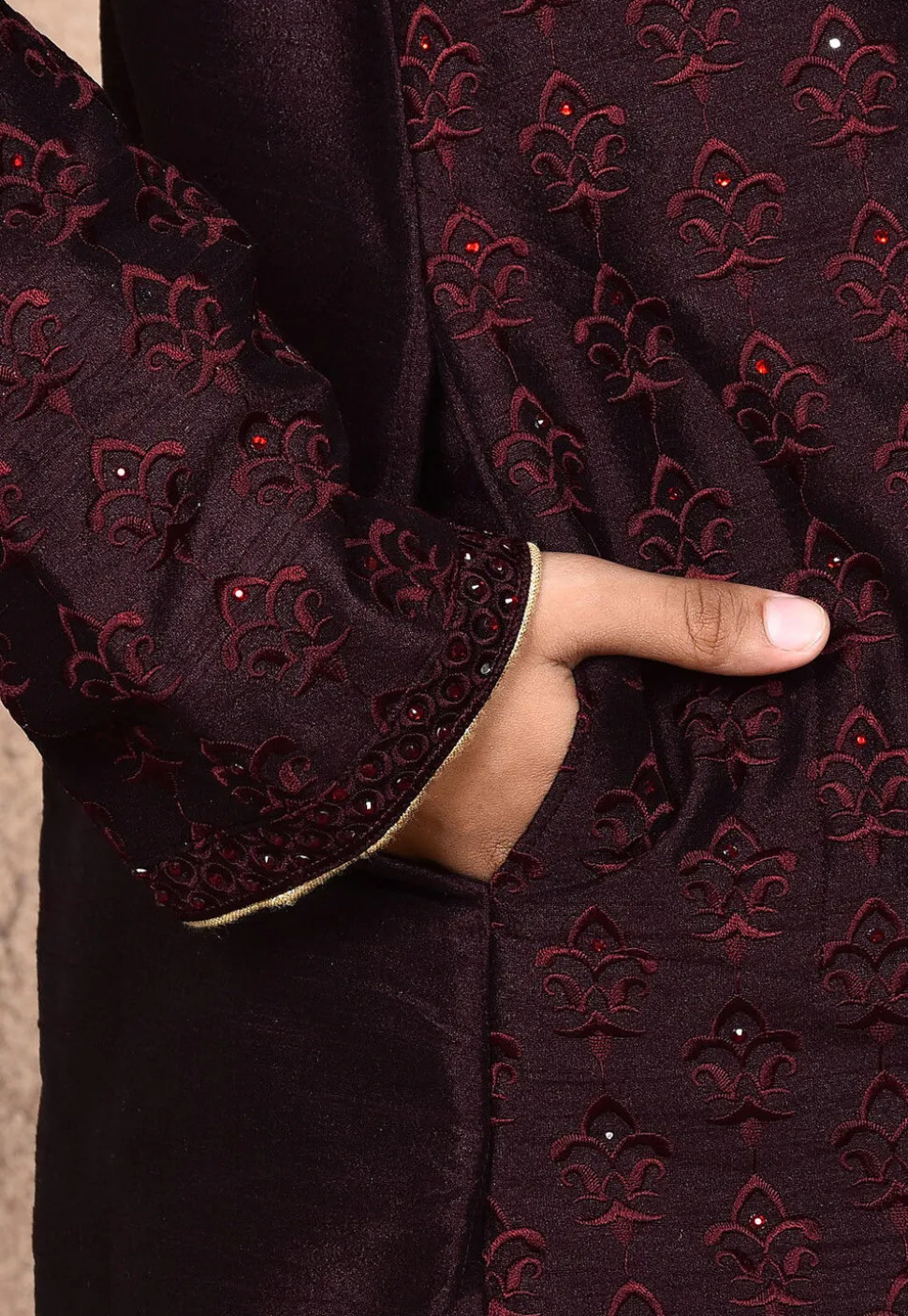 Embroidered Dupion Silk Kurta Set in Wine