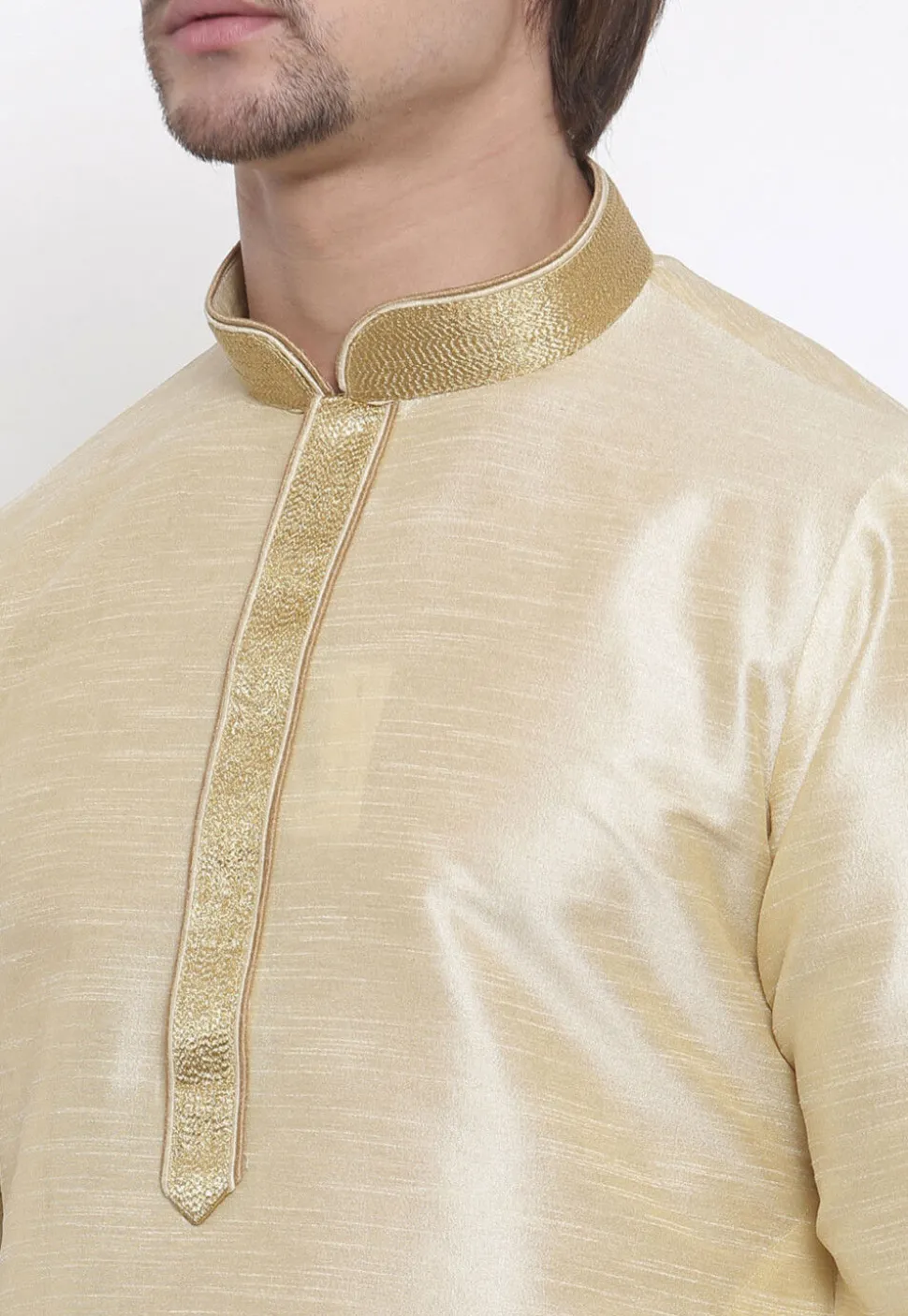 Embroidered Dupion Silk Kurta in Light Beige