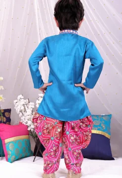 Embroidered Dupion Silk Kurta Set in Blue