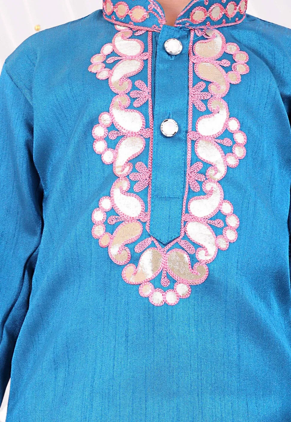 Embroidered Dupion Silk Kurta Set in Blue