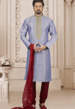 Embroidered Dupion Silk Kurta Set in Purple