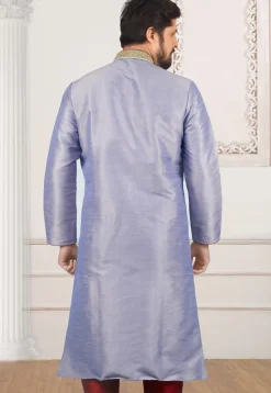 Embroidered Dupion Silk Kurta Set in Purple