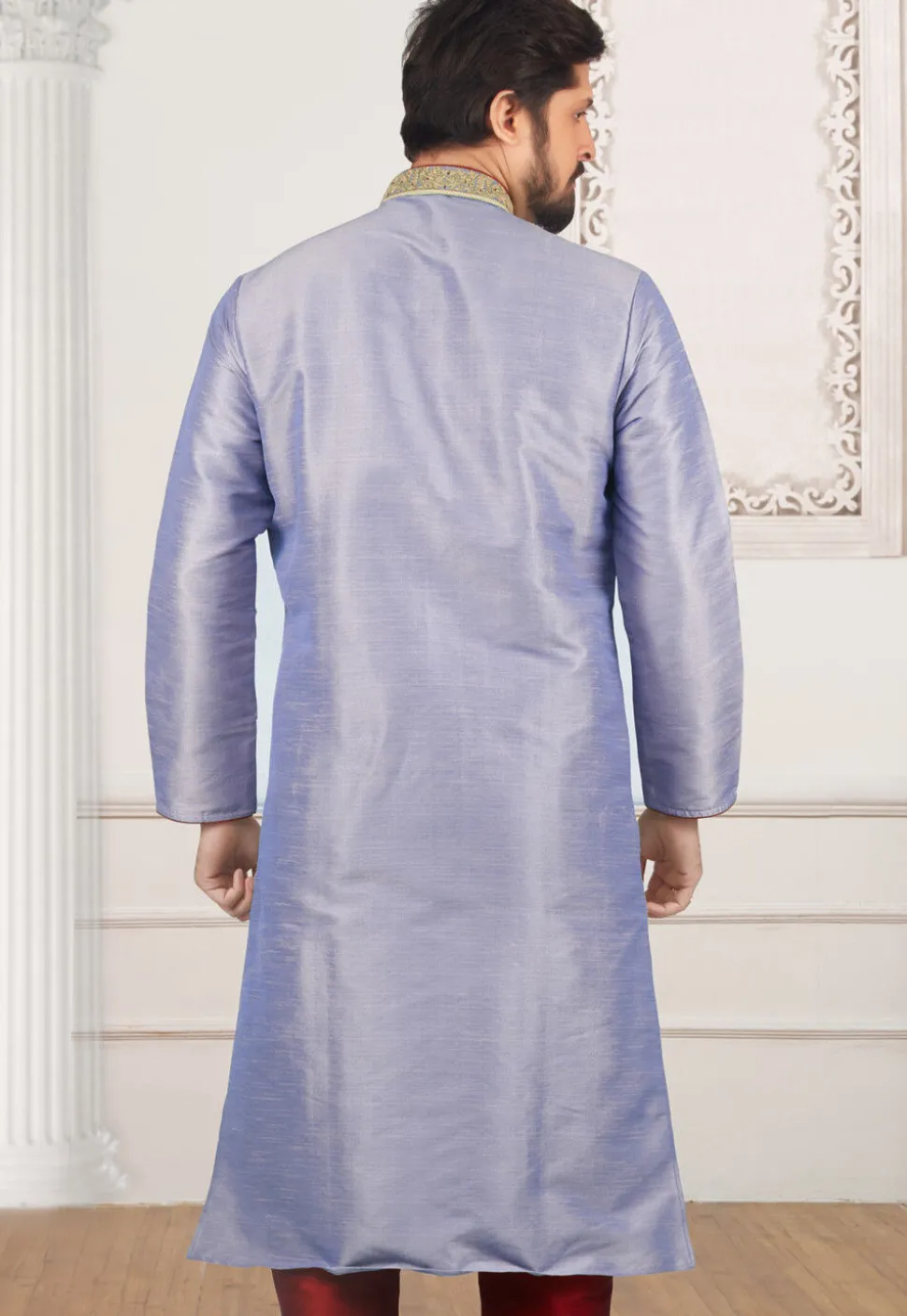 Embroidered Dupion Silk Kurta Set in Purple