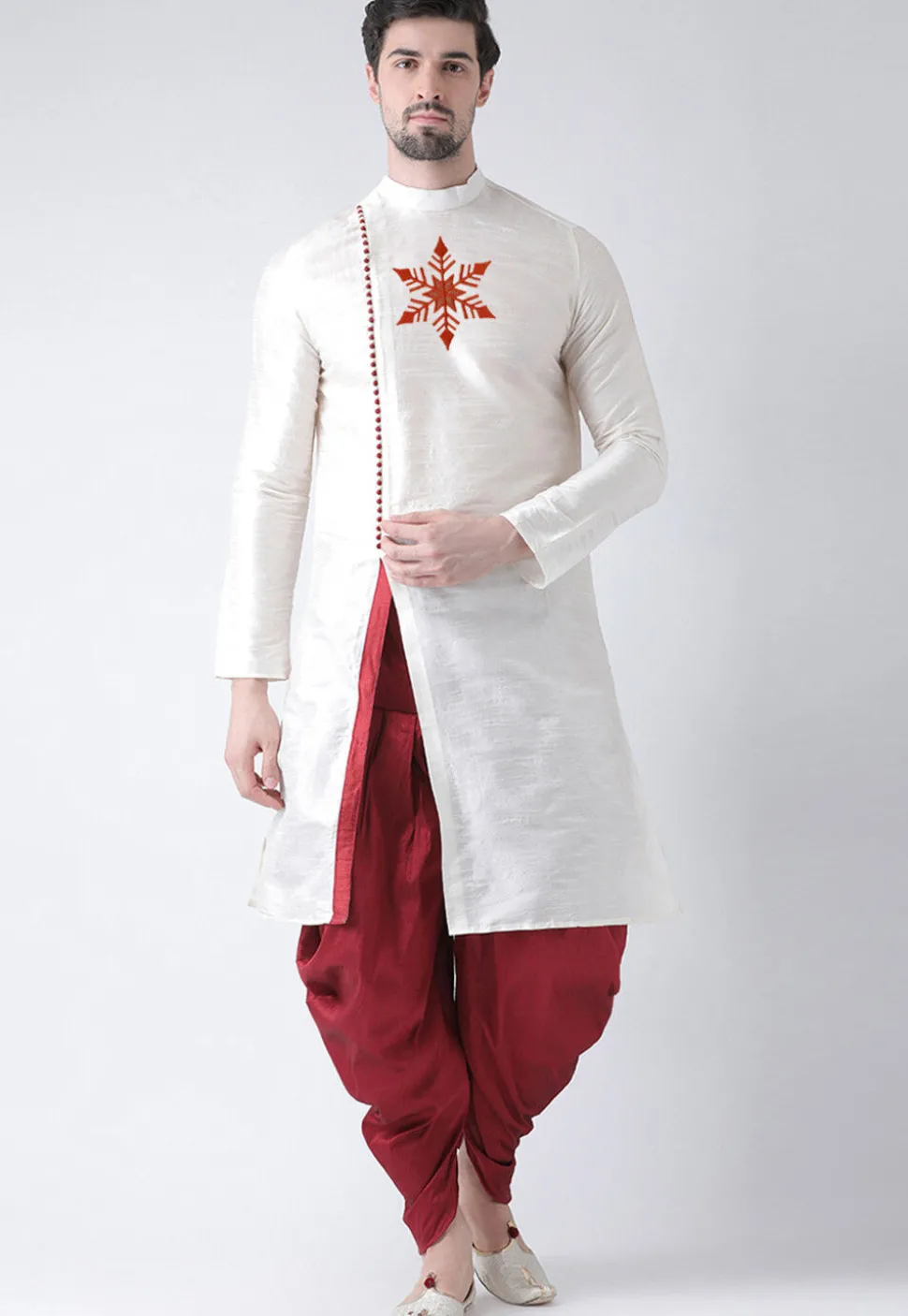 Embroidered Dupion Silk Kurta Set in White