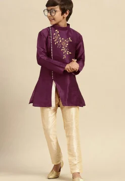 Embroidered Dupion Silk Kurta in Dark Purple
