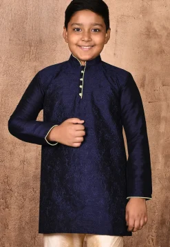 Embroidered Dupion Silk Kurta in Navy Blue