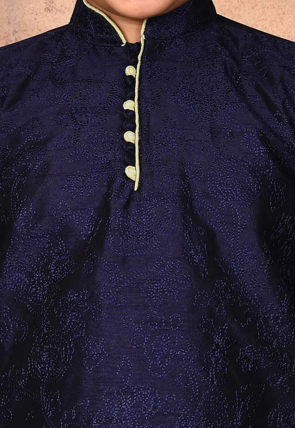 Embroidered Dupion Silk Kurta in Navy Blue